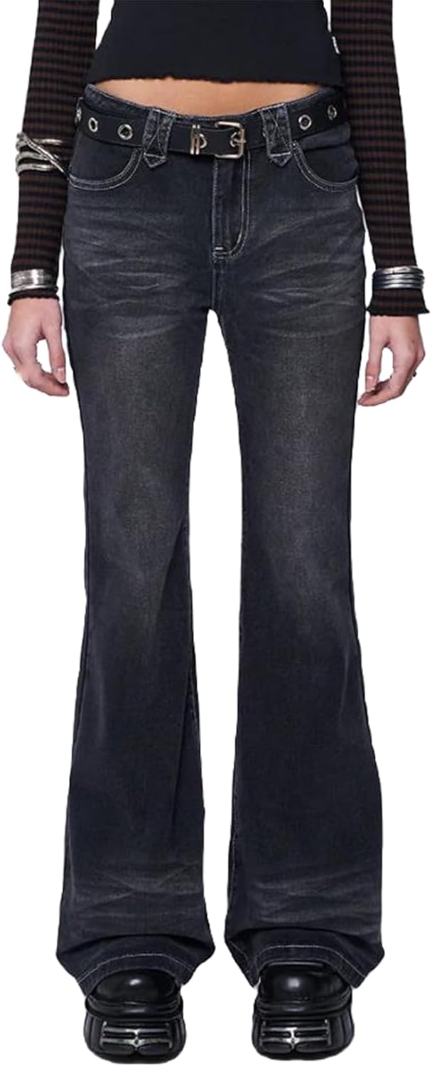 Women Y2k Bootcut Jeans Wide Leg Flared Denim Pants Low Rise Stretch Bell Bottom Baggy Trousers