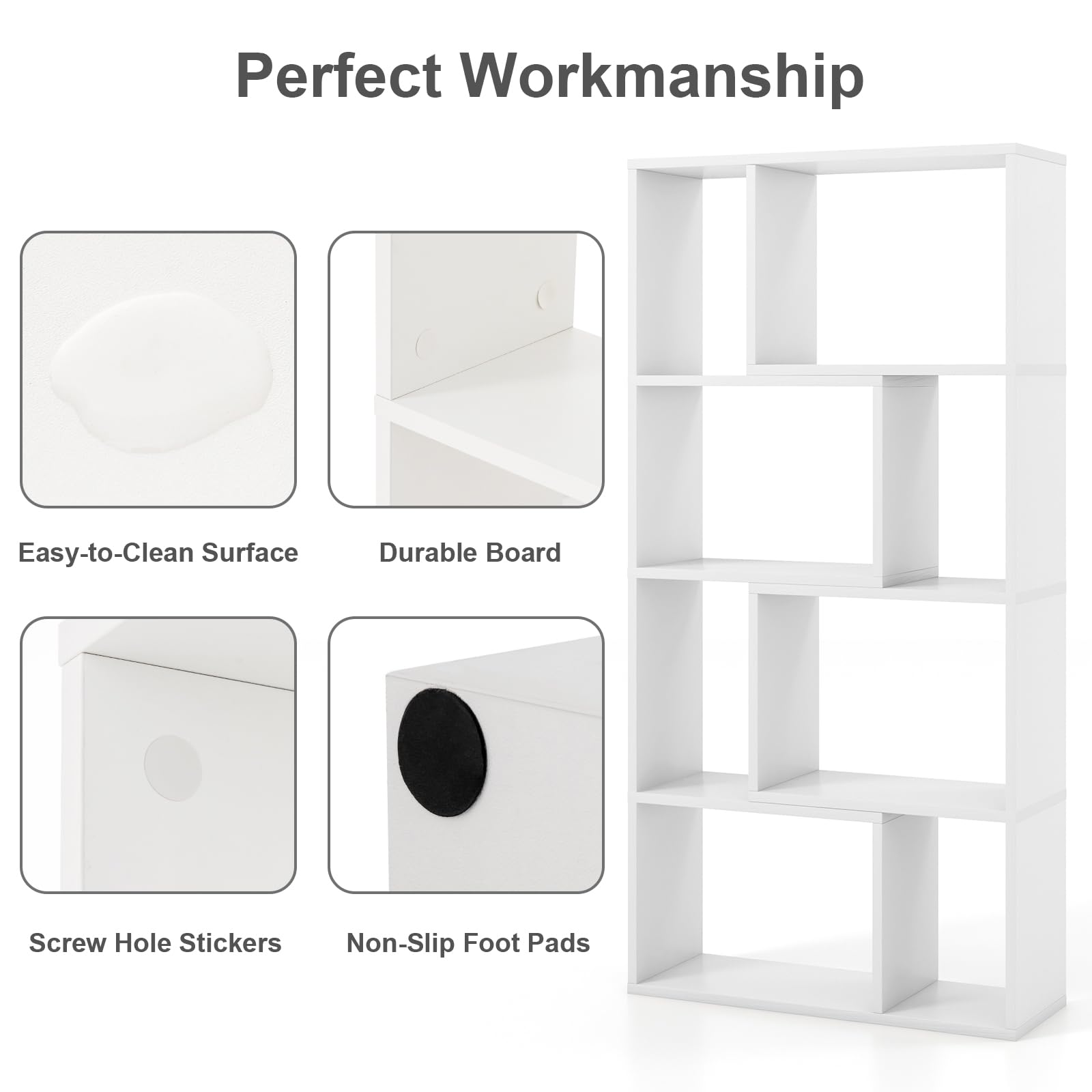 HOMASIS Libreria da Parete a 4 Ripiani, Libreria Scaffale con Piedini Antiscivolo e Dispositivo Antiribaltamento, Stile Scandinavo, Mobile Portaoggetti per Soggiorno, 60 x 20 x 120 cm (Bianco)
