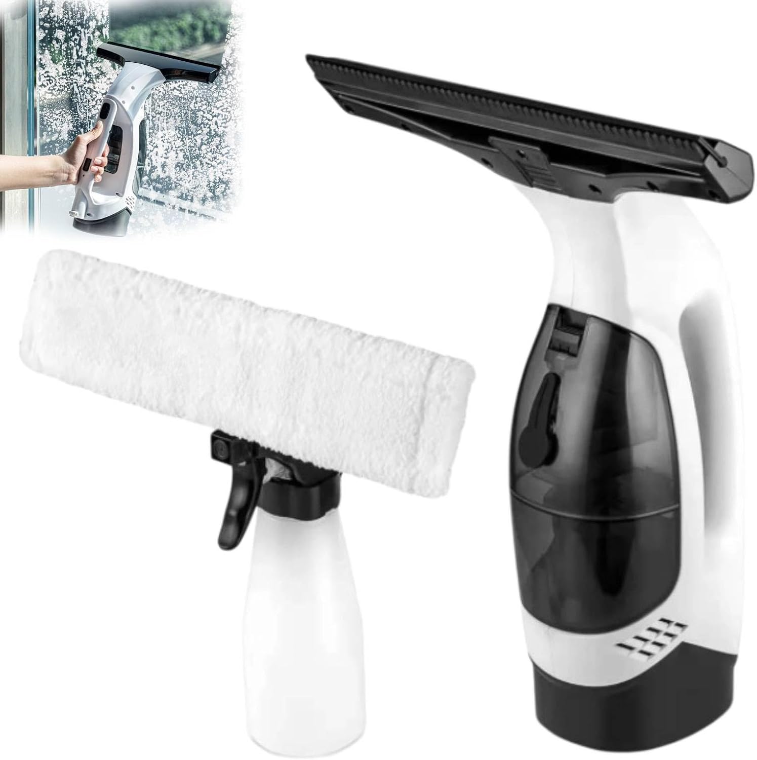 Window Vacuum, Window Vacuum Squeegee Cordless, Handheld Window Vac with Multi-Purpose Spray Bottle & Microfiber Cloth for Glass Doors, Tiles, Mirrors, Car