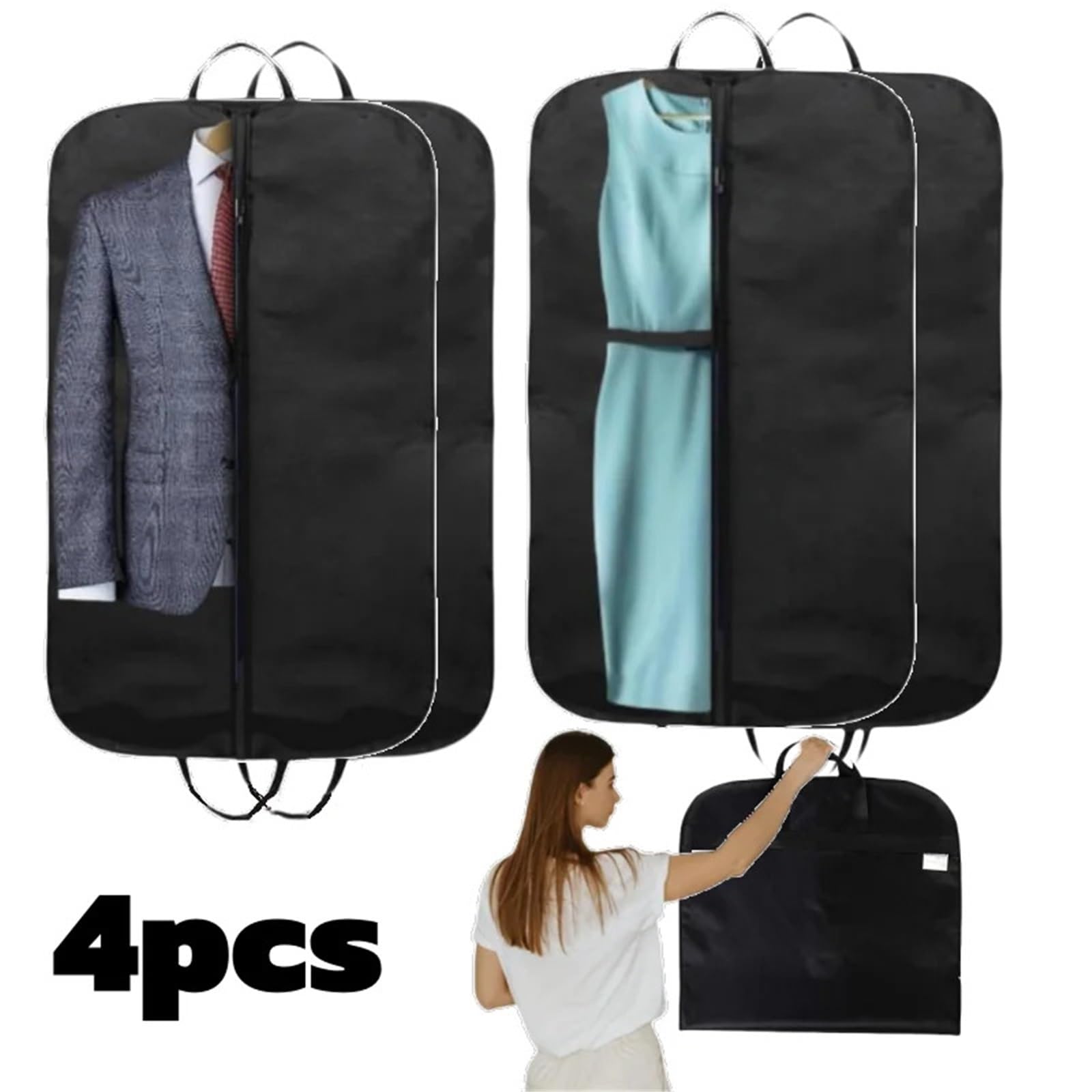 Portatrajes Bolsas de almacenamiento for trajes (1/4 unidades), no tejidas, con asa for organizar el armario, a prueba de polvo, for vestidos de novia.(Black 4pcs)
