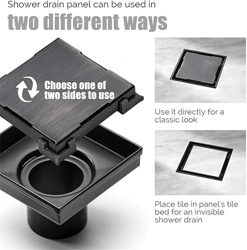 Miniatura 2 de ELLO&ALLO Drenaje de ducha cuadrado de 6 pulgadas, color negro, con brida, cubierta reversible 2 en 1, rejilla extraíble de acero inoxidable SUS304,