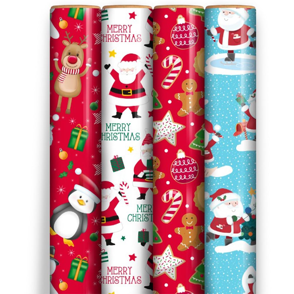 North Pole Multicolor 4 X Christmas Wrapping Paper Rolls - Santa, Reindeer, Penguin & Candy Cane Designs - Premium Gift Wrap Set For Xmas Festive Presents - Gift Wrapping Paper For Kids & Adults