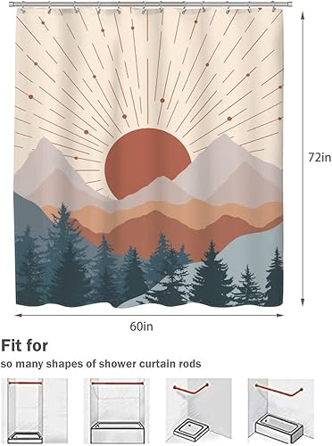 Miniatura 6 de Cortina de ducha de montaña bohemia de mediados de siglo, 60 pulgadas de ancho x 72 pulgadas de alto, puesta de sol abstracta, brumosa, moderna,