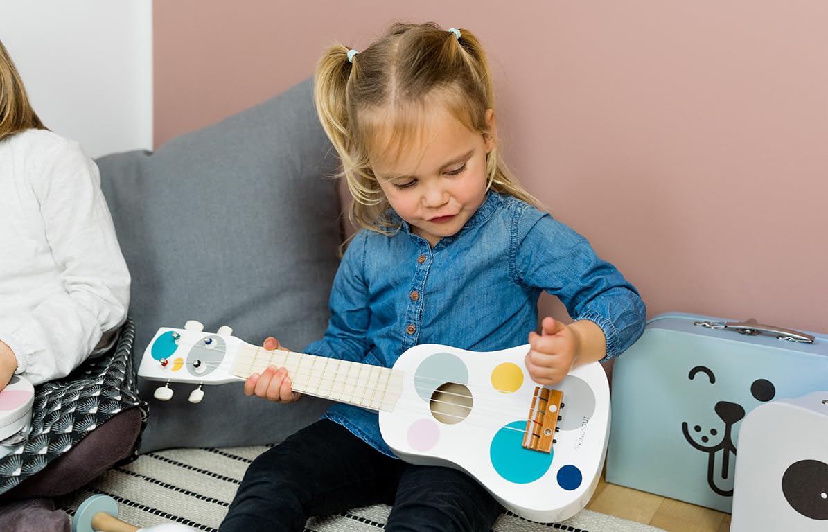 Kindsgut Musikinstrumenten-Set mit Gitarre Rasseln und Tamburin, dezente und Moderne Farben, Punkte