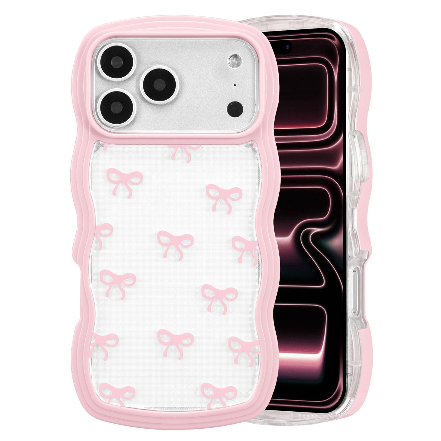 QLTYPRI Bow Case for iPhone 17 Pro Max, Clear Cute Ribbon Bow Phone Case Curly Wavy Aesthetic Phone Cover, Slim Soft Transparent Shockproof Protective Cover for Women Girls - Pink