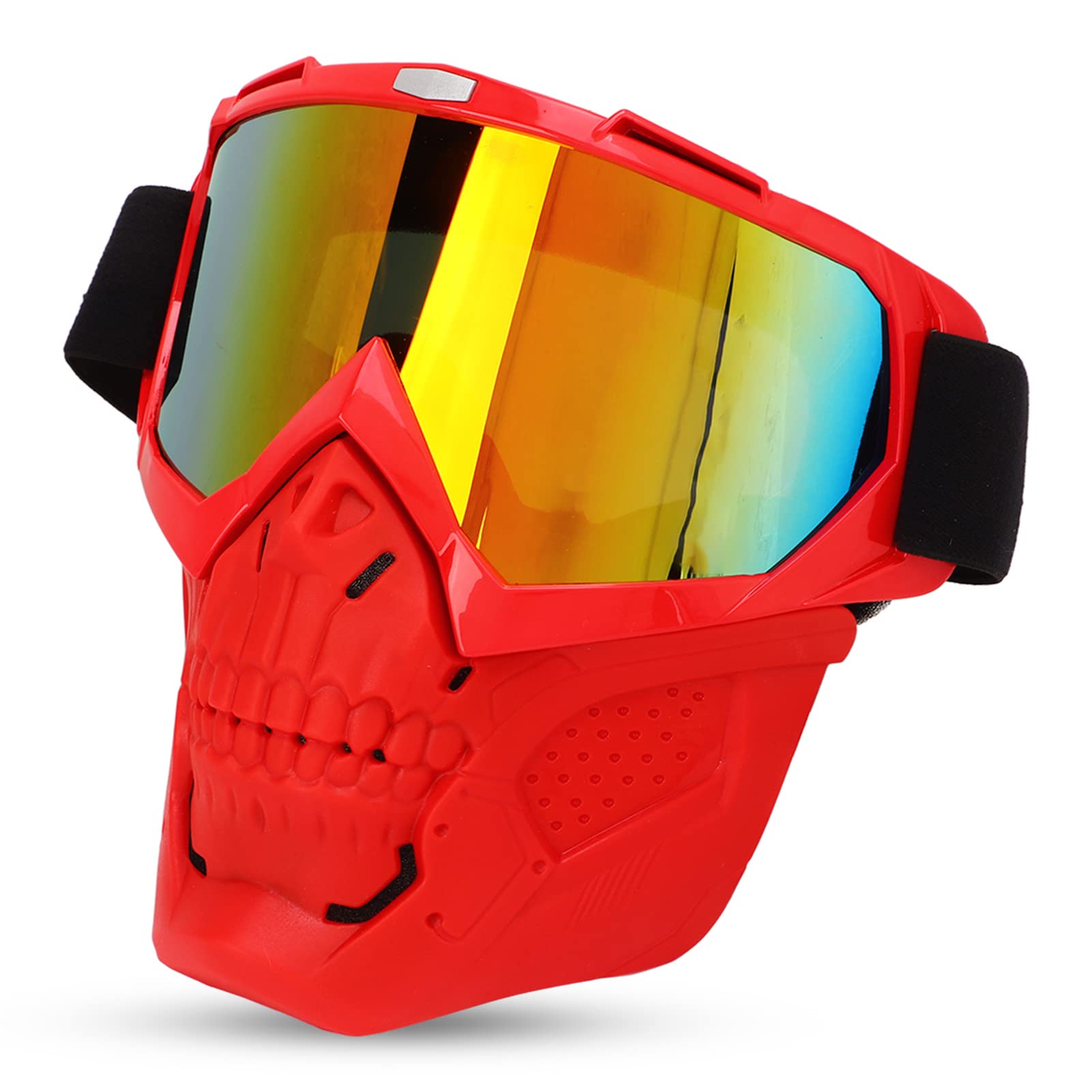 POENVFPO Skull Goggle Face Cover, Windproof Off Road Cycling Helmet Goggles with Detachable Face Cover, for Outdoor Activities (Red Frame Red Lens)