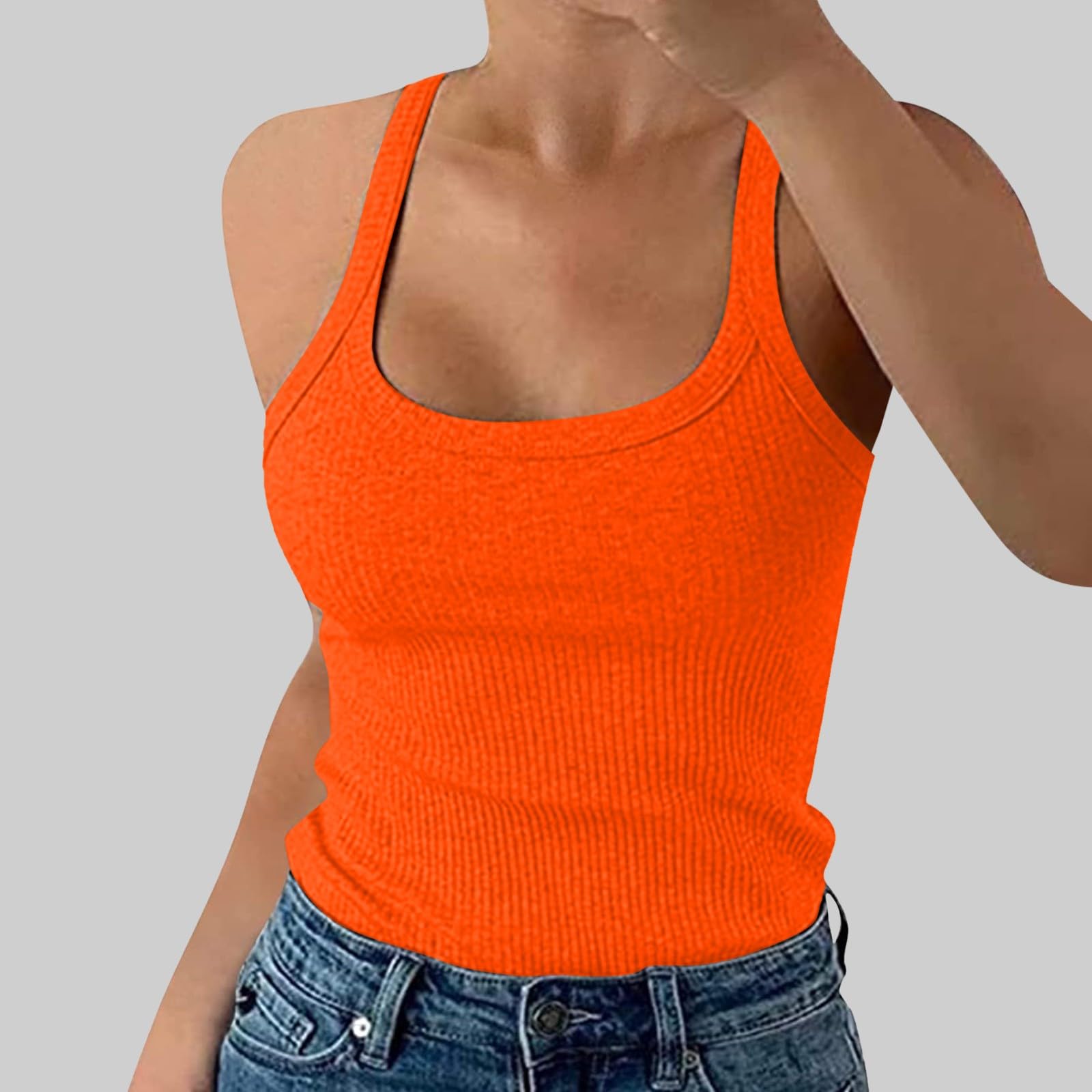 Débardeur côtelé à bretelles spaghetti et col rond pour femme - Coupe ajustée - En coton - Sans manches - Style sportif