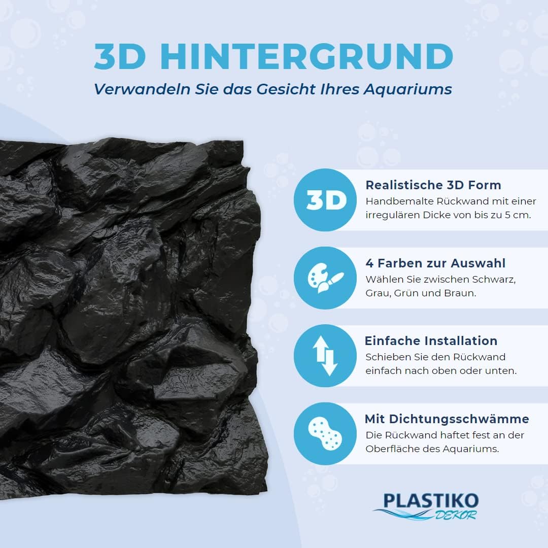 PLASTIKO - Fondo de Acuario 3D I Panel Trasero 150 x 50 cm I Fácil de Montar y Limpiar I No Requiere Pegado I Seguro para Animales I Negro con un patrón de Piedras Altas