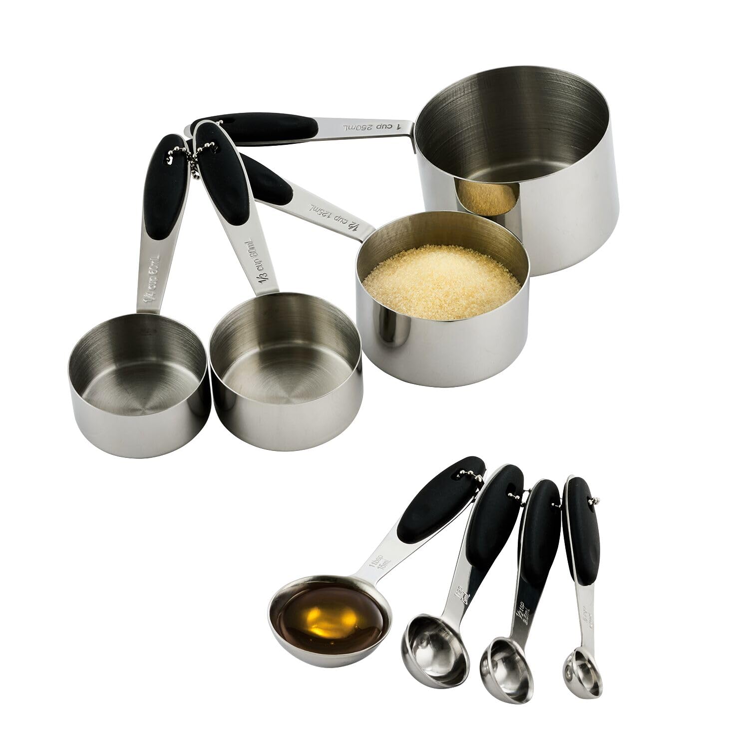Lakeland Messbecher und Löffel aus Metall, 8 Stück, rutschfeste Silikongriffe