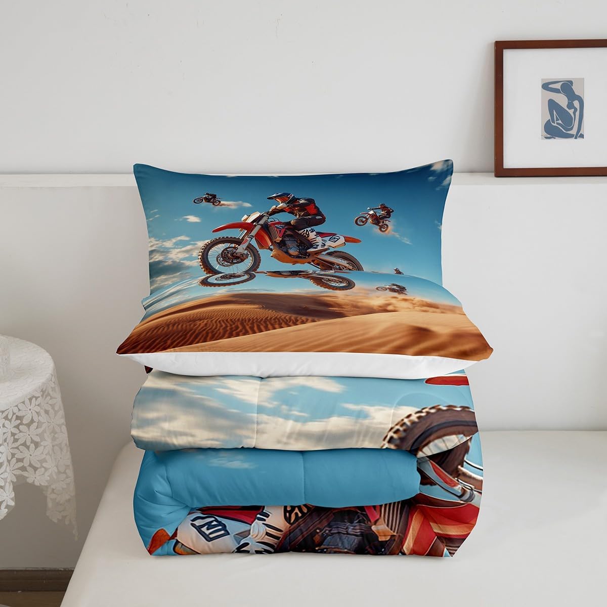 Feelyou Dirt Bike Comforter Set Full Size Racing Themed Bedding Set Ultra Soft Racing Motocross Rider Comforter for Kids Boys Girls Extreme Sports Duvet Quilt Bedroom Decor Motorbike Quilt