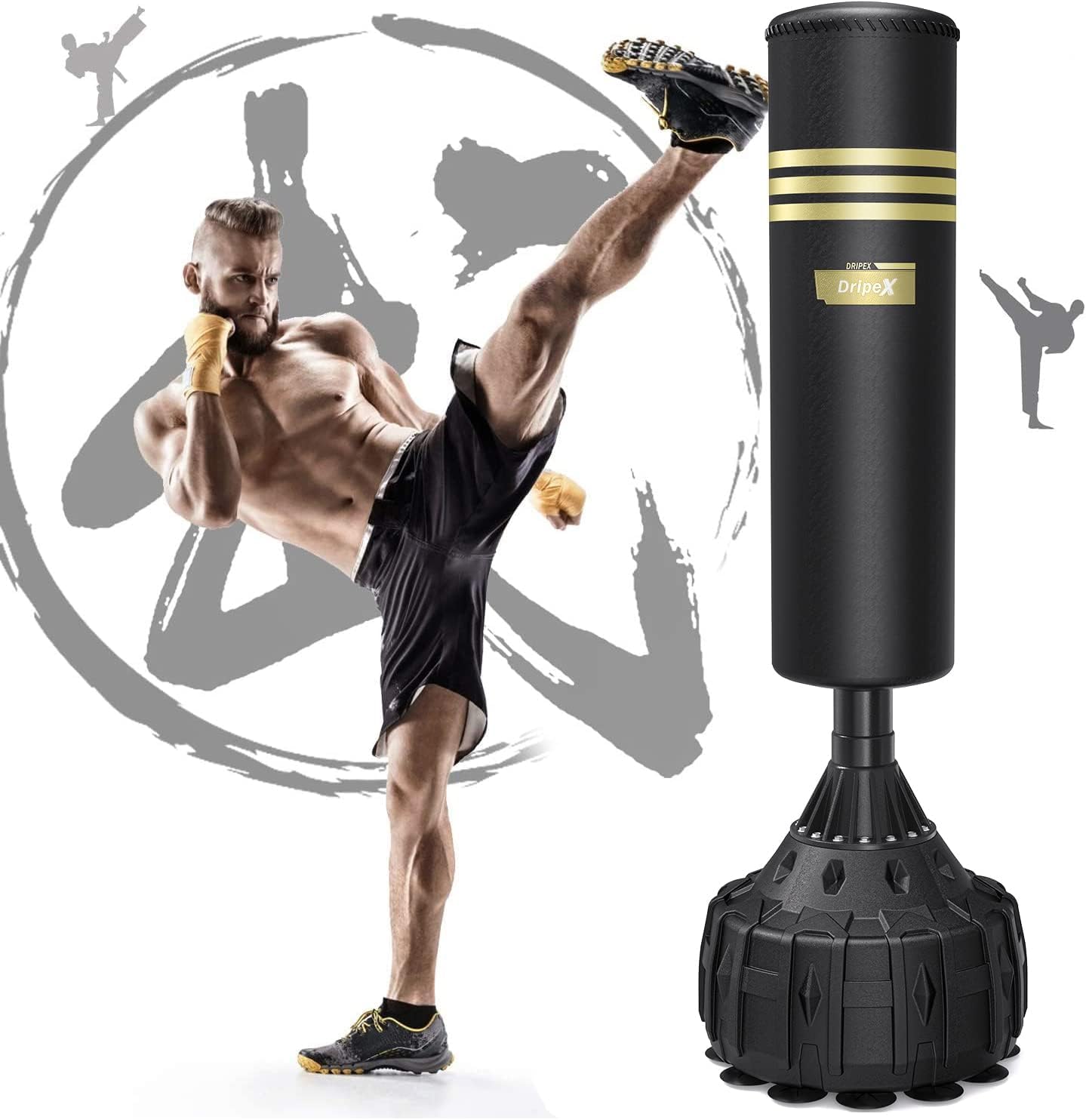 Dripex Sacco Boxe Basic, 165 cm Sacco Boxe da Terra Autoportante con Base a 12/19 Ventosi Potenti per Adulti Giovani Kickboxing (Base e Sacco Due Pacchi)