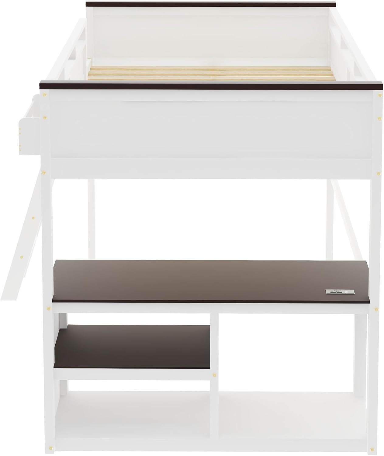 Multi-Functional Queen Size Loft Bed with Built-in Desk and Open Shelf, Wooden Loft Bed Frame with Storage Box, USB Charging Station, Space Saving Design