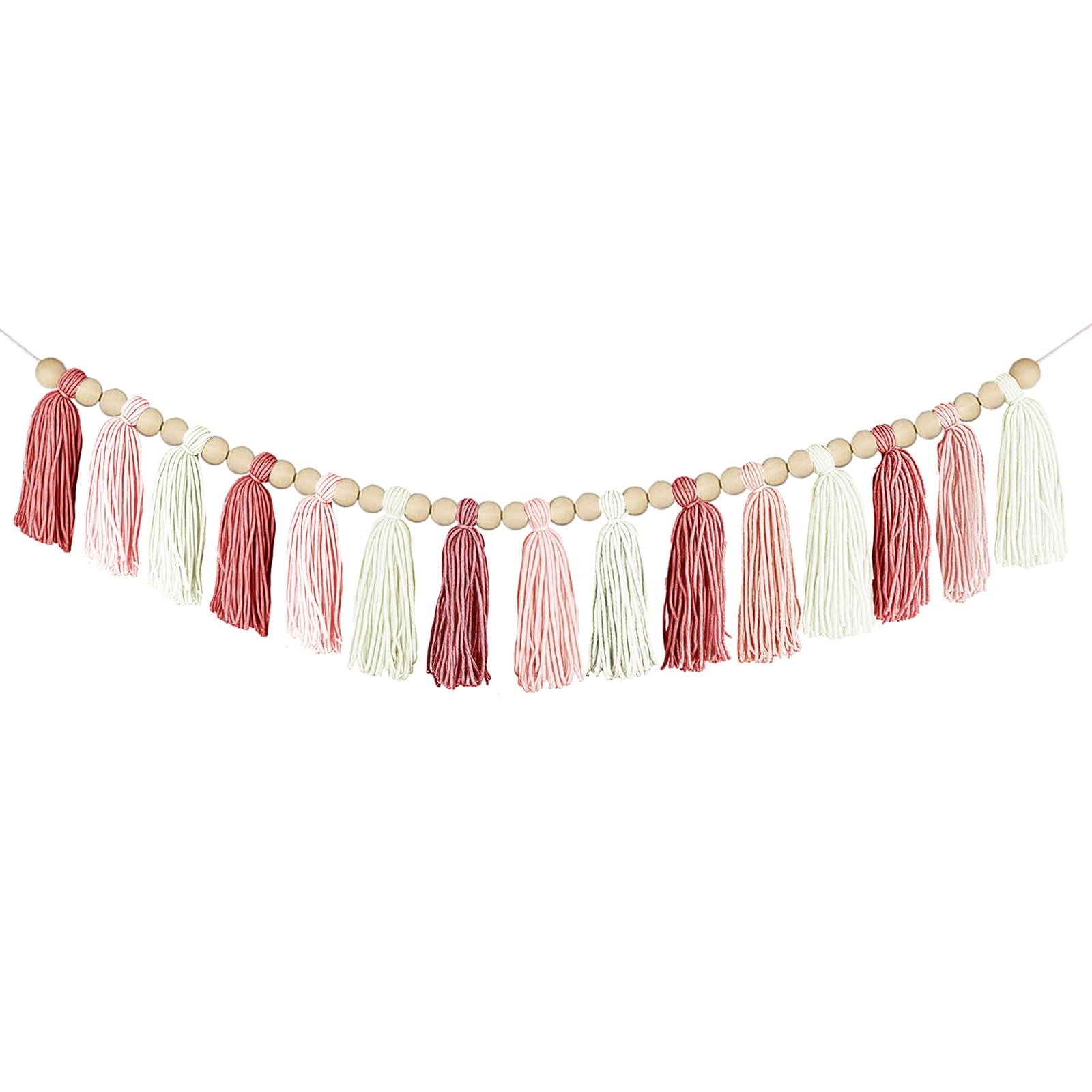 Photo 1 of **COLORS ARE MORE PINK AND ORANGE*** Boho Yarn Tassel Garland - Handmade Wall Hanging Decor for Nursery, Baby Shower, Kids Room, Classroom, Birthday Party - Macrame Tassels Banner for Bedroom, Office, Home Decoration (Pink)