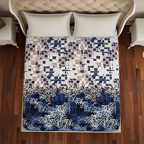 Image of Spaces Atrium Plus 210 TC 100% Cotton Queen Size Fitted Double Bedsheet with 2 Pillow Covers (Abstract, 60 inch X 78 inch Inches ) - Blue