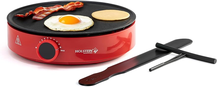 Holstein Housewares 12 Crepe Maker - Adjustable Temperature Control - Nonstick Griddle for Versatile Cooking of Crepes, Quesadillas, Pancakes, Eggs, Bacon & More - Easy to Clean - Indicator Lights