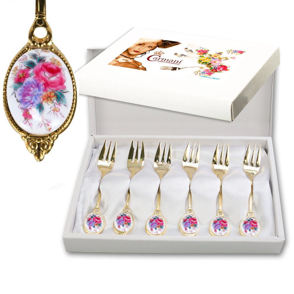 CARMANI - Lot de 6 Fourchette a dessert décoré avec des fleurs dans une boîte cadeau