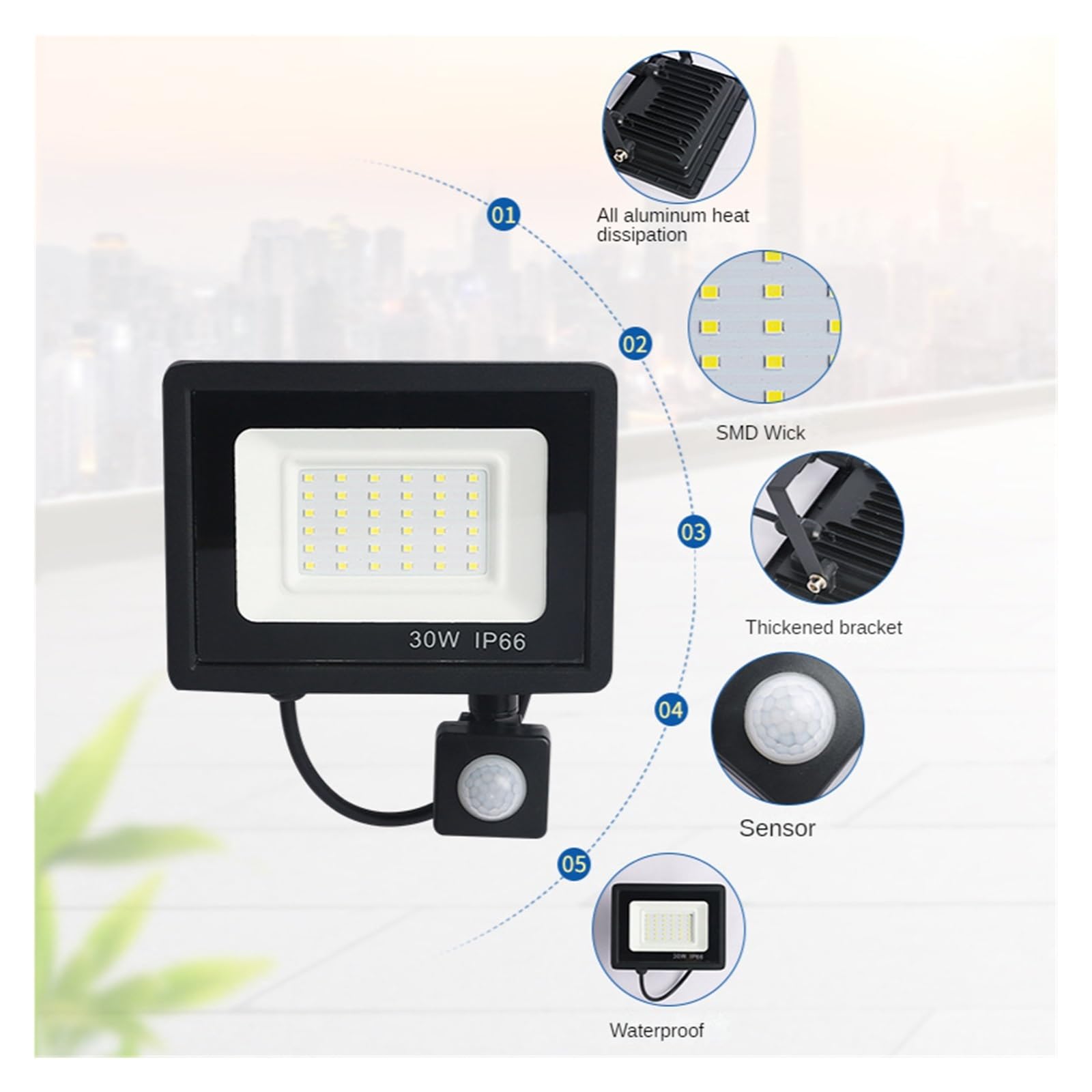 Focos exteriores, Reflector LED Con Sensor De Movimiento PIR For Pared Exterior, Lámpara Impermeable IP66 100W, 50W, 30W Y 20W, Foco Calle For Jardín Exteriores(Warm Light 3000K,100W)