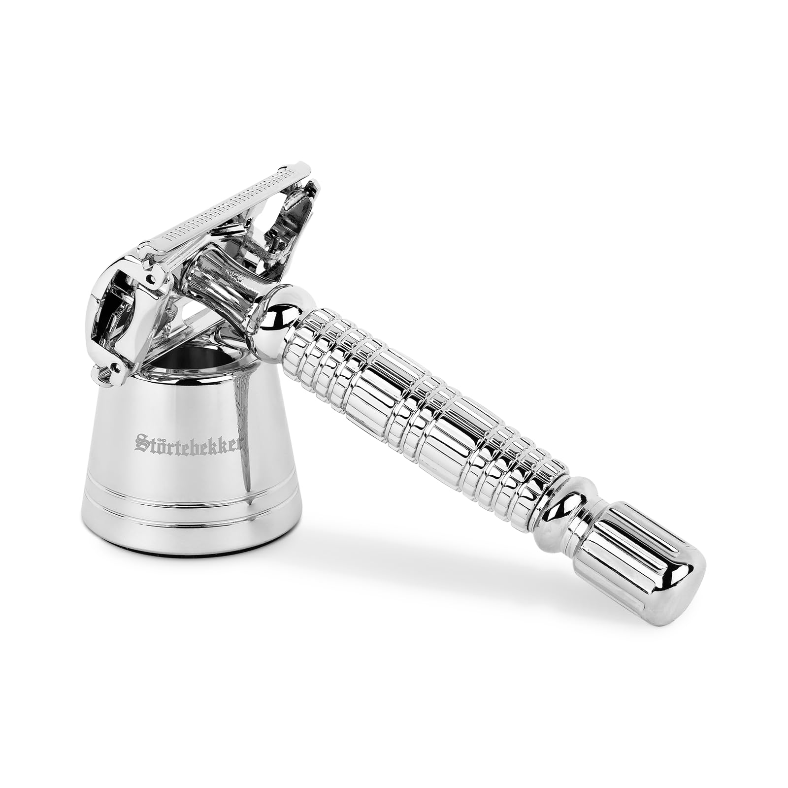 Störtebekker® Premium Rasierhobel 'Hamburg' im Set mit Rasierständer 'Hamburg' - Silber - hochwertiges Zubehör für dein Badezimmer - rutschfester Boden - massiver Stand - 125g - Geschenkidee