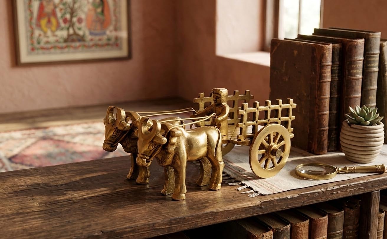 Vintage Brass Bullock Cart Statue - Home Decor -2