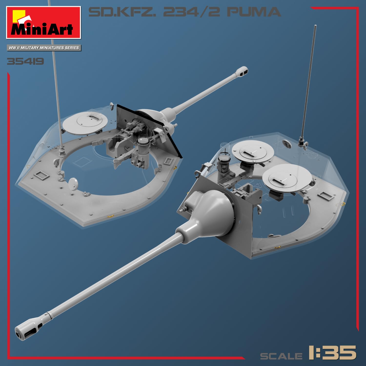 MiniArt 35419 1:35 Sd.Kfz.234/2 Puma – Reproducción fiel a modelo, kit de construcción de plástico, manualidades, afición, pegar, maqueta, montaje, sin barnizar