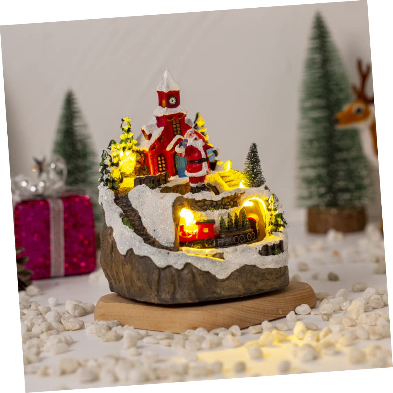 Cabilock 3 Piezas de Musica navideña estatuilla de la de Navidad Mini Pueblo navideño Tren de Navidad estatuilla de la iluminada en Miniatura iluminada de Navidad Resina