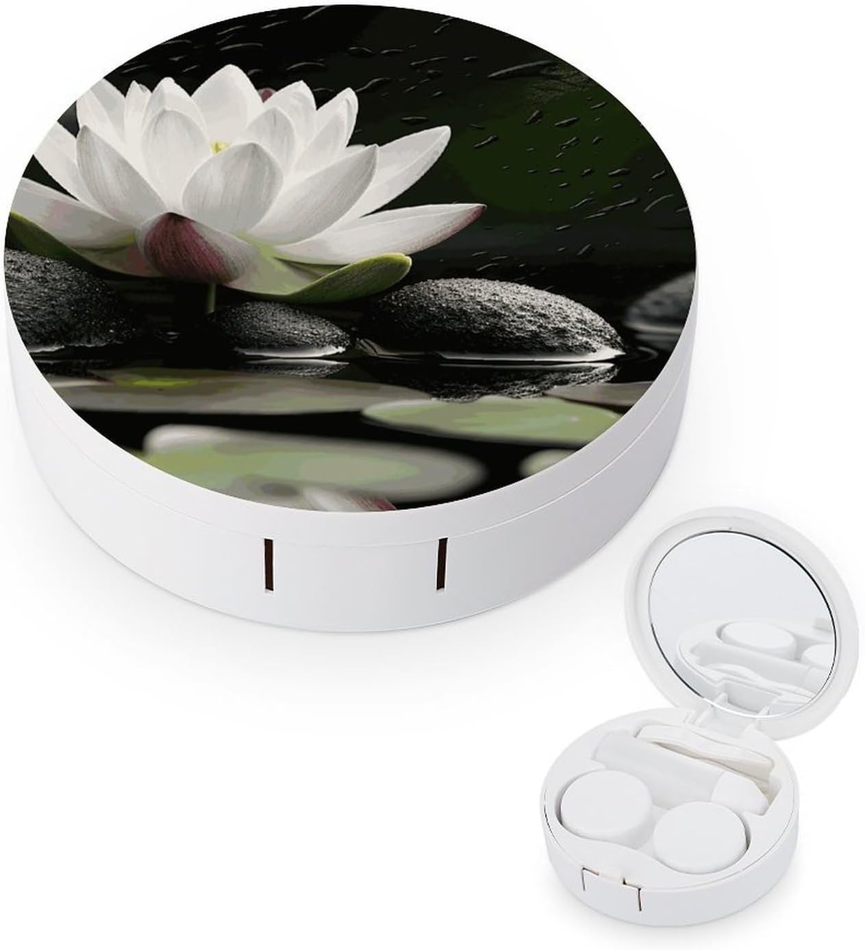 Lotus And Black Zen Stones Contact Lens Case with Cleaner Washer Portable Contact Lens Holder Box with Mirror Tweezers Remover Tool Solution Bottle for Daily Makeup Office