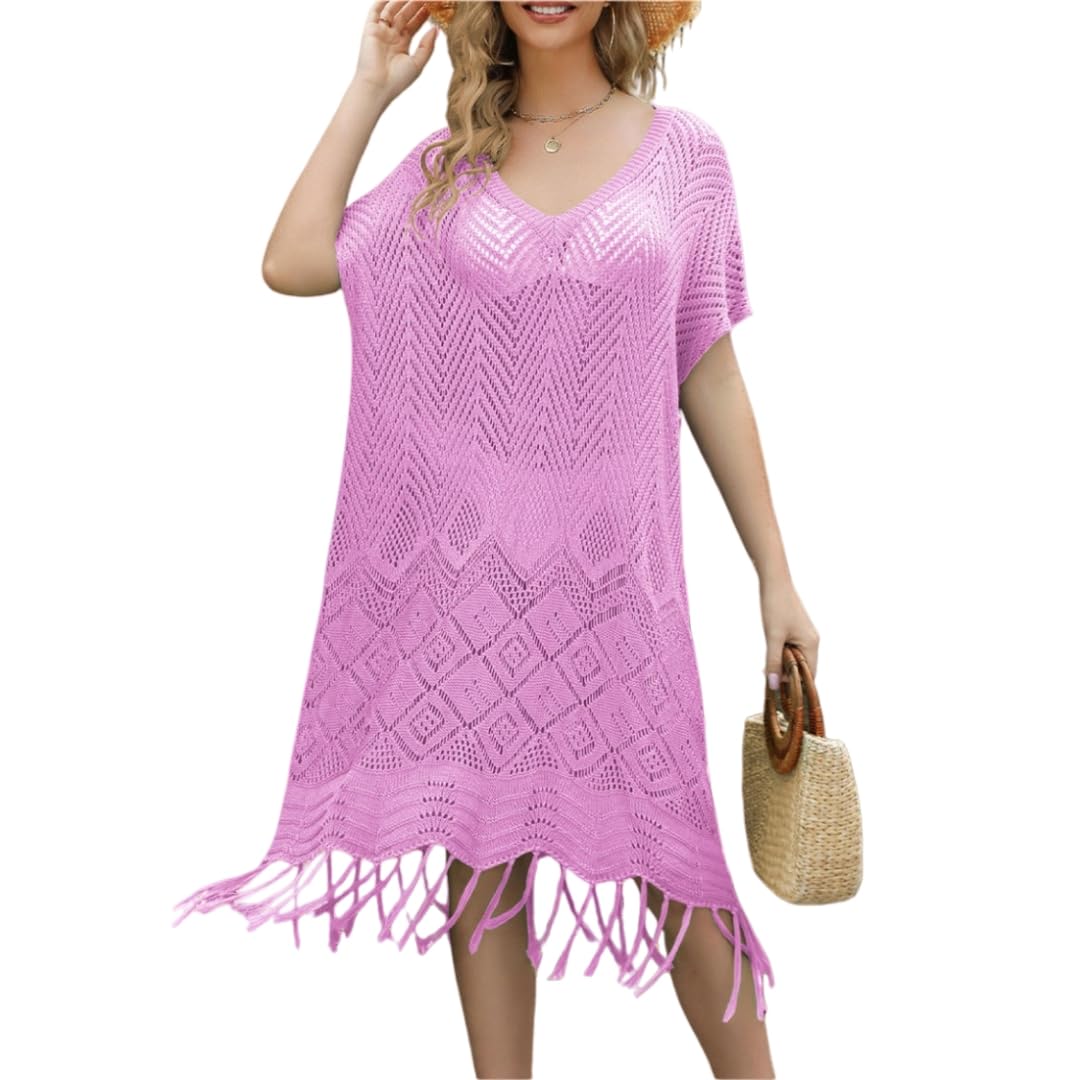 Costume da Bagno all'Uncinetto Boho per Donna A Maniche Corte con Scollo A V e Orlo A Nappina, Copertura Bikini A Vestitura Larga per Vacanze estive A Bordo Piscina