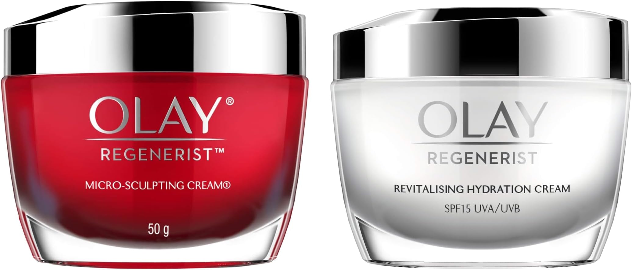Olay Day Cream Regenerist Microsculpting Moisturiser (NON SPF), 50g And Olay Day Cream Regenerist Collagen Boost SPF 15, 50g