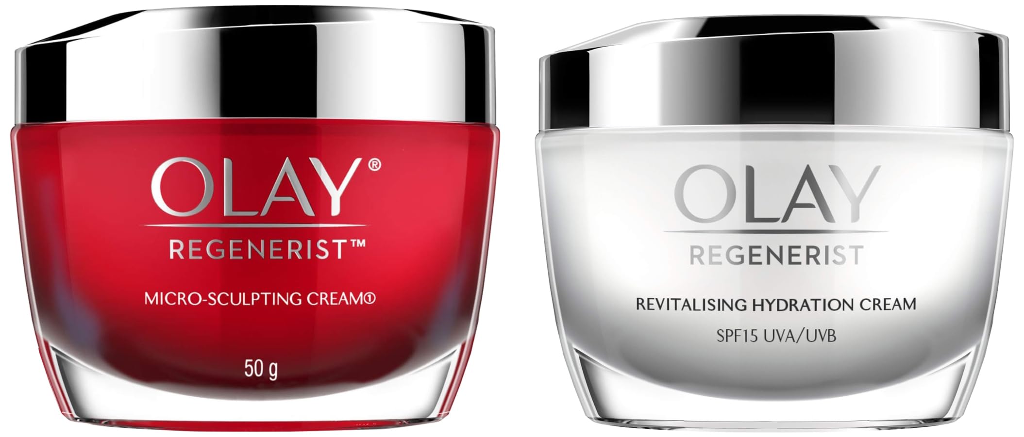 Olay Day Cream Regenerist Microsculpting Moisturiser (NON SPF), 50g And Olay Day Cream Regenerist Collagen Boost SPF 15, 50g