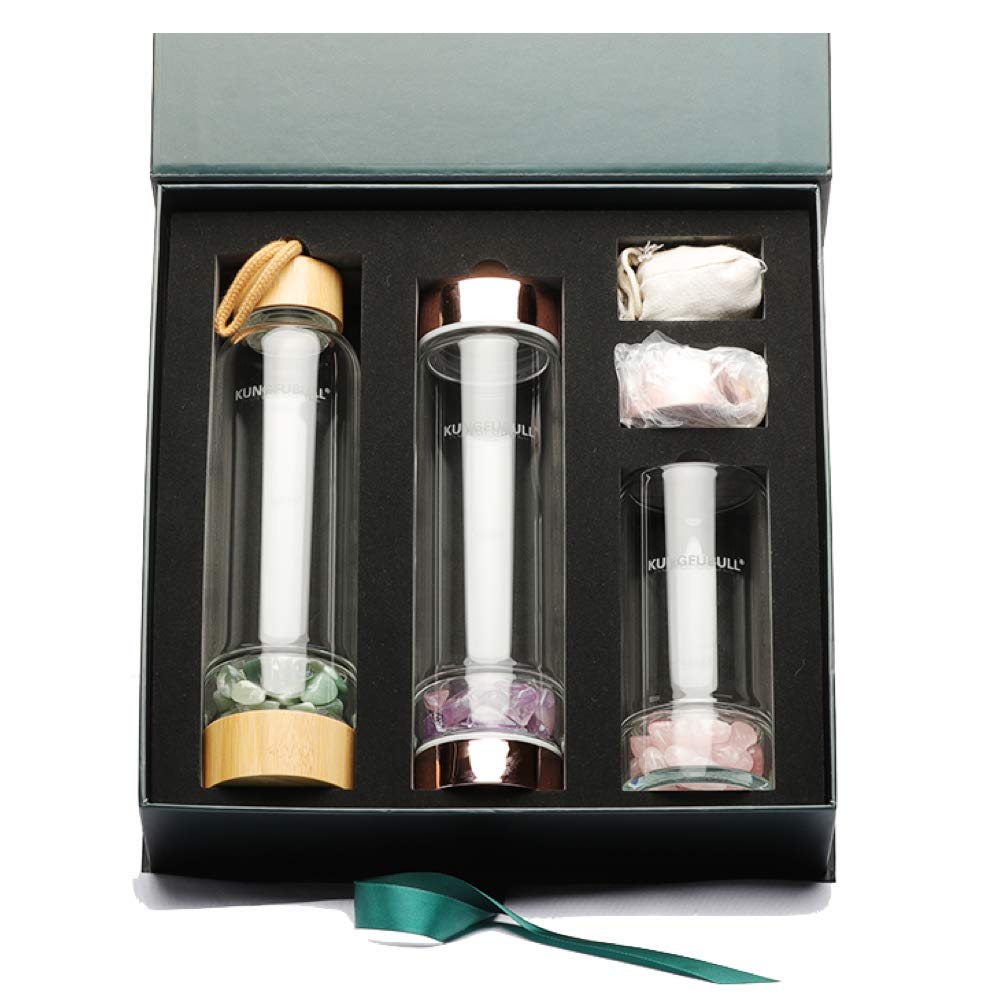 kungfubull Healing Crystal Water Bottle, Glass Water Bottle with Crystal, Crystal Elixir Water Bottle with Tea Infuser, Gem Stones Tumbler, Amethyst, Rose Quartz, Spiritual Gifts for Women
