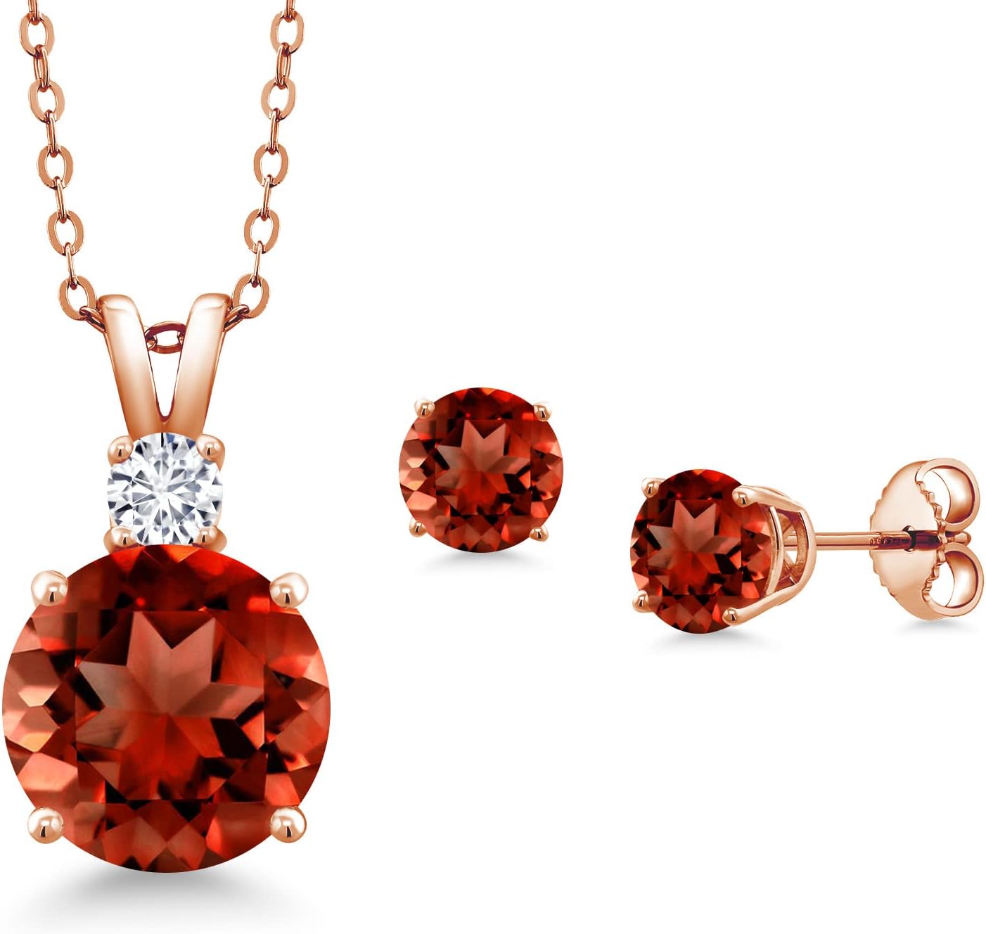 Gem Stone King 18K Rose Gold Plated Silver Round Red Garnet and G-H Lab Grown Diamond Pendant and Earrings Jewelry Set For Women (5.77 Cttw, Gemstone Birthstone, with 18 Inch Chain)