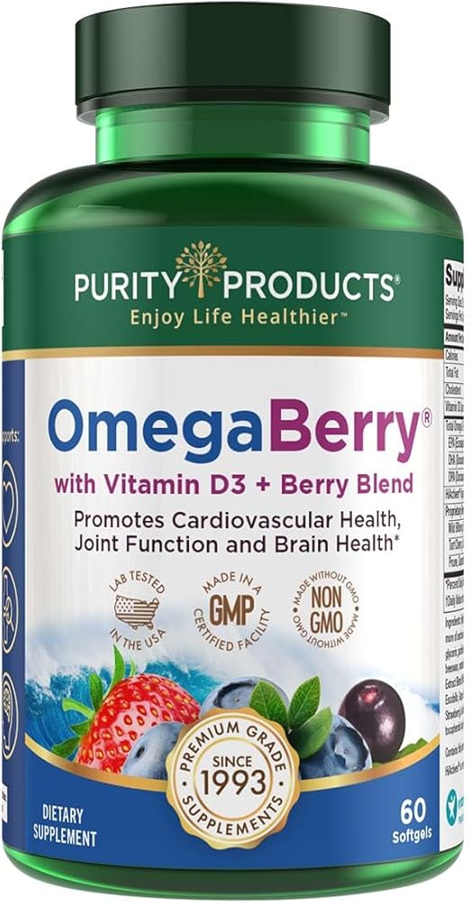 Purity Products OmegaBerry Fish Oil with Vitamin D3 and Organic Acai - 1250mg Concentrated Molecularly Distilled Ultra Pure Omega-3 Fish Oil, 500mg DHA + 650mg EPA - 60 Soft Gels - 30 Day Supply from