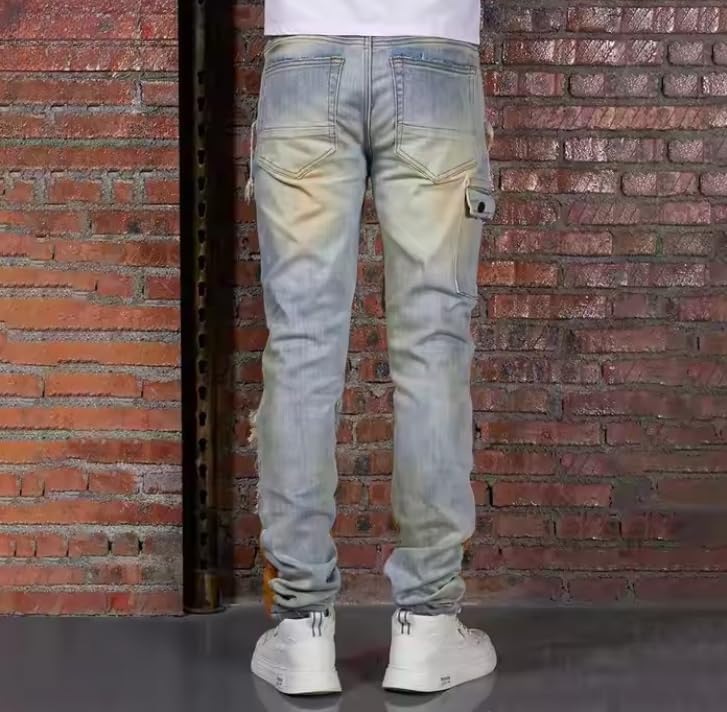 Men's Straight-Leg Mid-Rise Denim Pants with Denim Patchwork, Slim Fit, Multiple Pockets, Trendy Casual Street Style Denim4