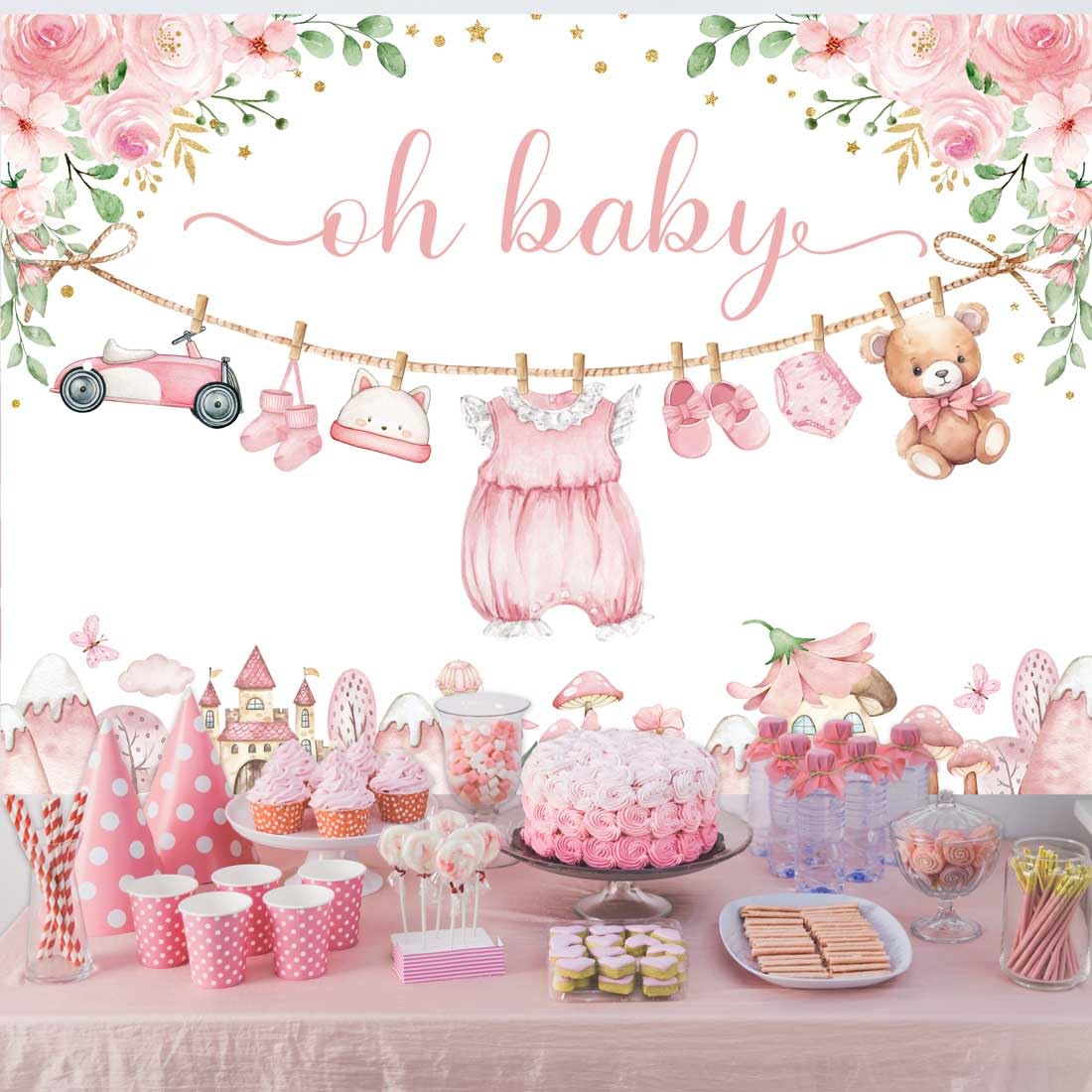 Oh Baby Backdrop For Baby Shower Girl Pink Watercolor Photography Background Gold...