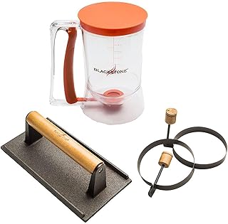Blackstone 1543 Outdoor Griddle Breakfast Preparation Kit with Pancake Batter Dispenser, Cast Iron Bacon Press, and 2 Non Stick Steel Egg Rings