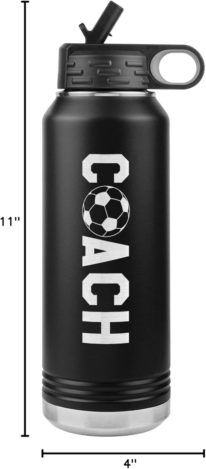 Soccer Coach Water Bottle - 32oz Insulated Engraved Stainless Steel Flip Top With Straw Soccer Coach Gift Black