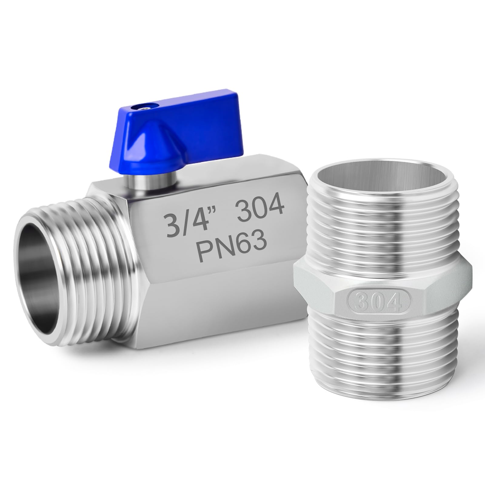 2 Stück 3/4" BSP Innengewinde x 3/4" BSP Außengewinde Hochleistungskugelhahn aus Edelstahl 304 mit 2 Stück 3/4" SUS 304 Hex-Nippel-Anschluss