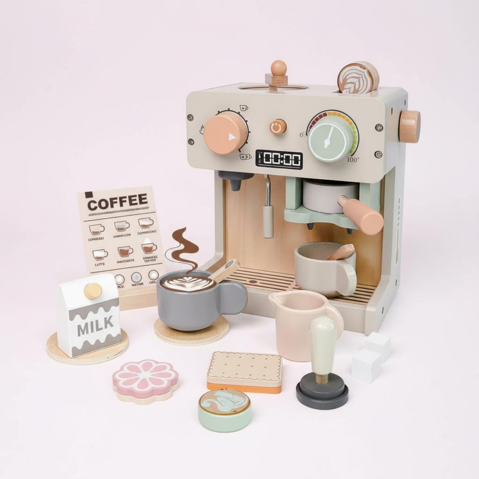 Kinder Spielgerät Holz Kaffeemaschine Nachbildung Spielküchengerät Espressomaschine Getränkezubereiter Ausgestattet mit Zubehör für Rollenspiele Kinderzimmer Familienspiele