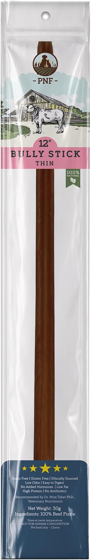– 12" Bully Stick (Thin) - 1 piece - Dog Chew - Made from Antibiotic-free, hormones-free Beef - Ideal for smaller breeds and senior dogs