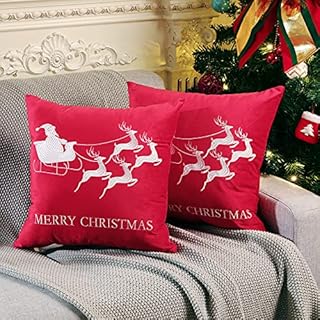 Lewondr Christmas Soft Velvet Throw Pillow Cover, 2 Pack Santa Embroidery Throw Pillow Case Snowflake Reindeer Decorative Sofa Cushion Cover for Home Christmas Decoration 18"x18"(45x45cm), Red&White