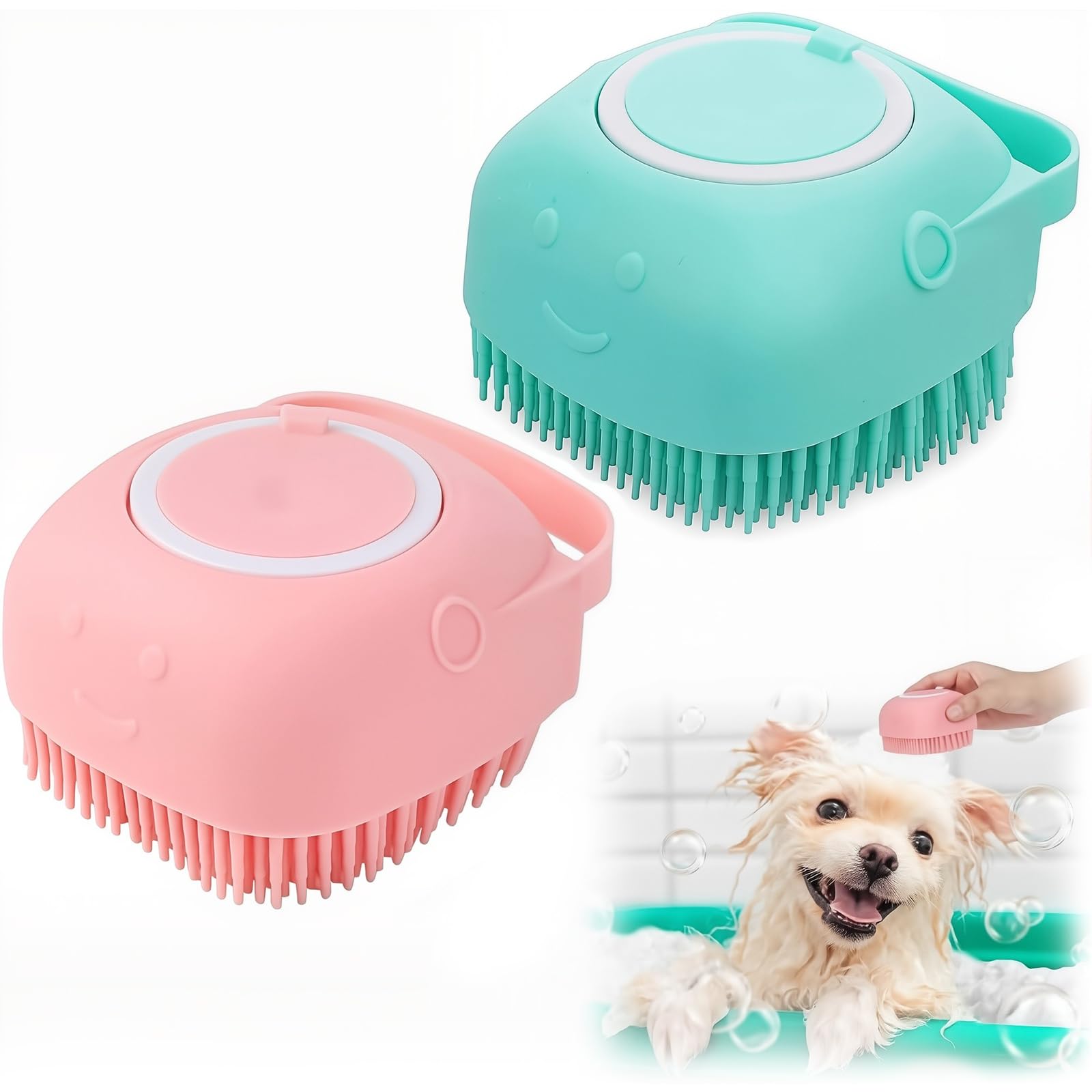 2 Piezas Cepillo para Perros, Cepillo de Baño para Mascotas, Masajeador con Depósito de Champú, Resistente y Fácil de Limpiar, Ideal para Pieles Sensibles y Todos los Tipos de Mascotas