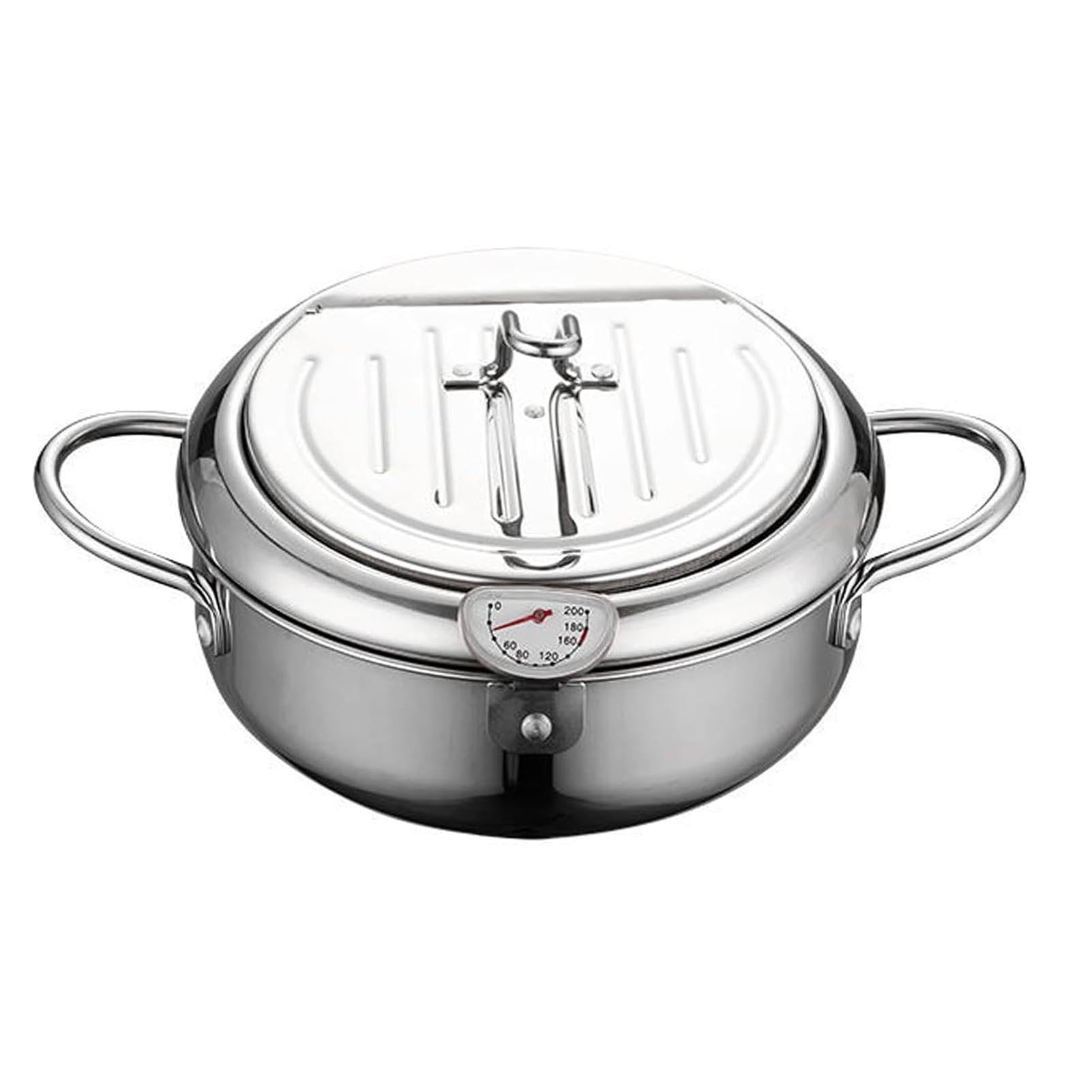 THEGA 28 cm / 4,2 L Frittiertopf Aus Edelstahl (Typ 304) Mit Thermometer Und Ölabtropfvorrichtung – Ideal Für Küche, Frittieren, Kochen & Camping; Inklusive Ölfilterbehälter, Spülmaschinenfest