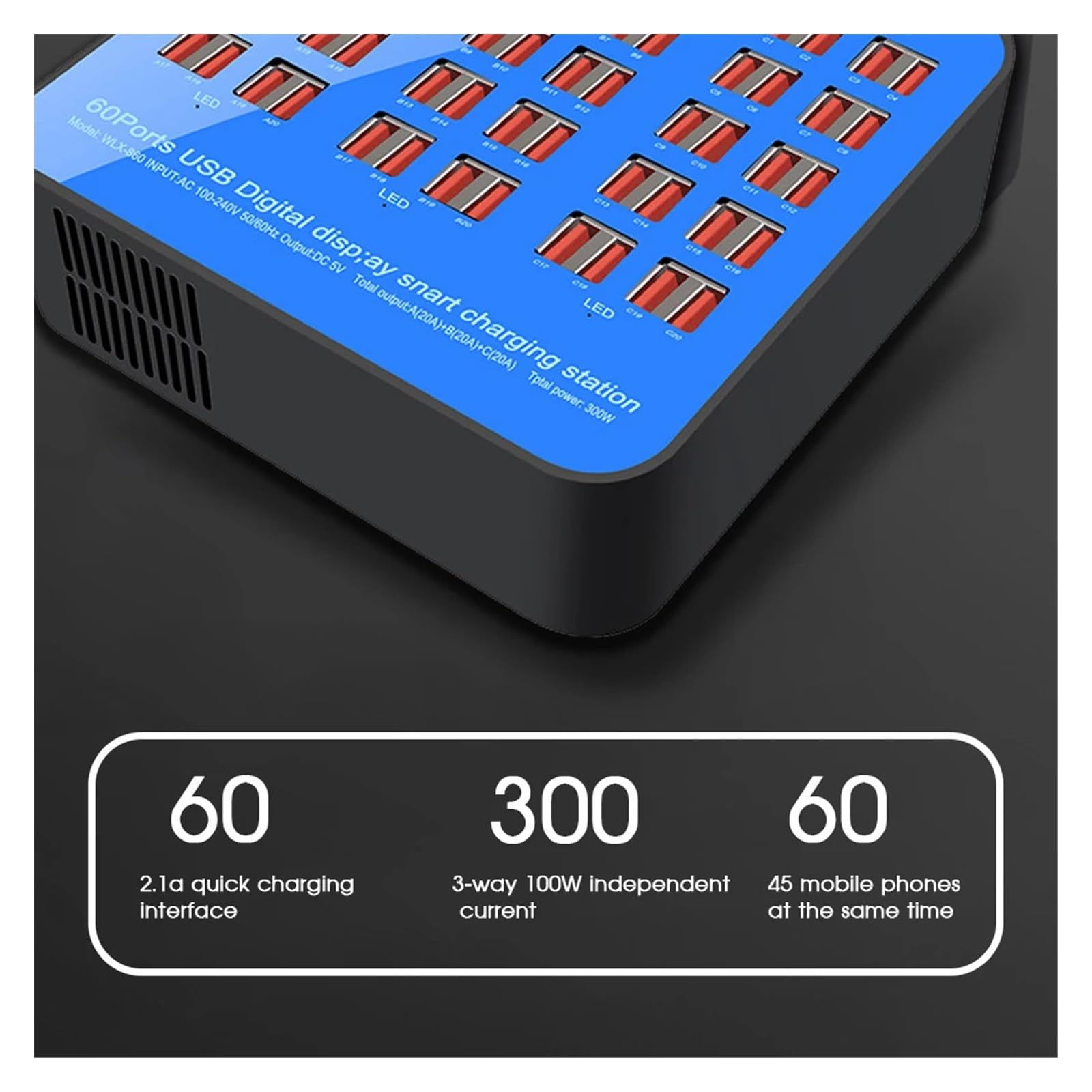 Adattatore for caricabatterie USB da 300 W/200 W/100 W 10/20/40/60 porte HUB multifunzionale stazione di ricarica presa dock Compatibilità universale(60Port 300W Blue)