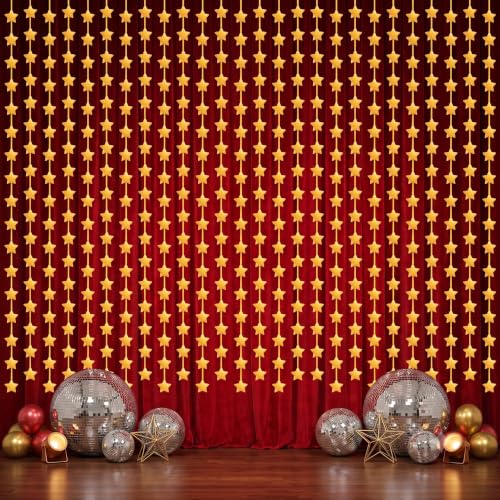 Image of TONIFUL Gold Star Foil Fringe Curtains 2 Packs 3.3 x 6.6 ft Metallic Tinsel Streamers Backdrop with Star Cutouts for Birthday Graduation New Year Anniversary Baby Shower Party Decorations