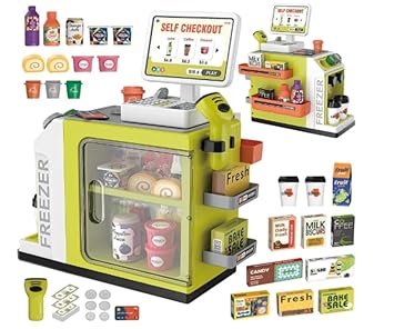 THE Dodos SOTRE Supermarket Toy Set for Kids, Grocery Store Playset with Scanner, Lights & Sound, Mini Freezer Counter, Role Play Shopping Toy with 46 Accessories (Green)