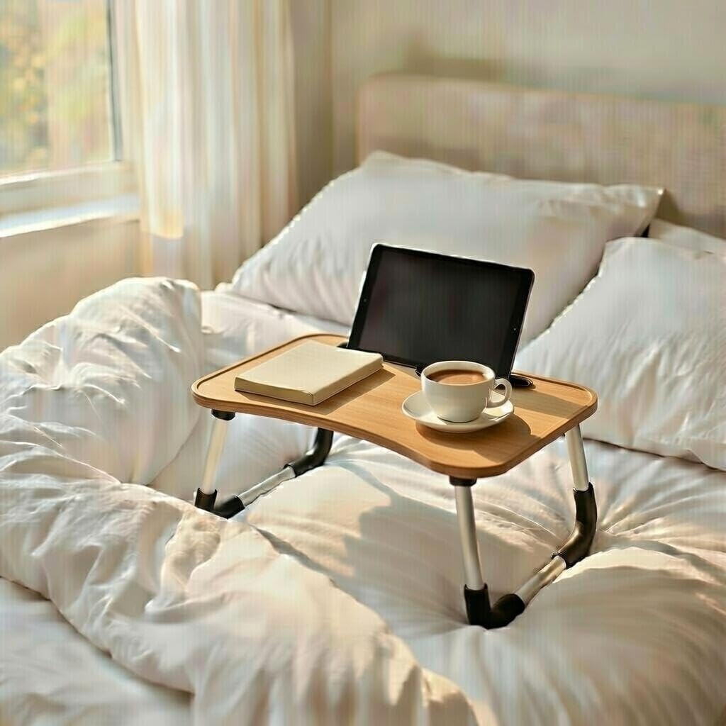 Bandeja para Cama, Mesa de Cama Plegable Desayuno, Ergonómica, Ideal para Portátil, Ordenador y Libros, Mesa Auxiliar con Atril para Leer en la Cama, 50x30x22 cm,Madera - 4