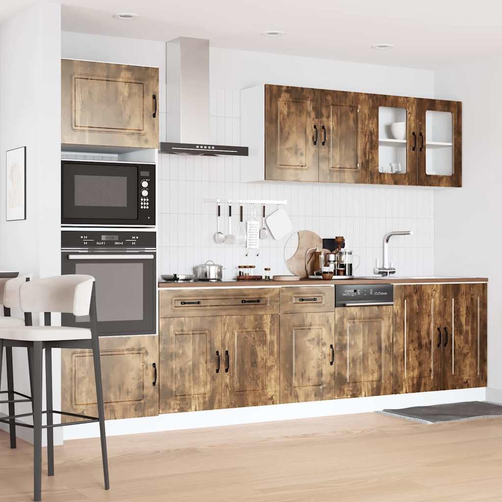 Set di 7 mobili da cucina Kalmar in legno di rovere affumicato, blocco da cucina modulare con armadio sospeso in vetro e dispensa per ampio spazio in cucina