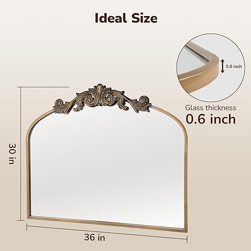 Miniatura 5 de USHOWER Gold Anthropologie - Espejo arqueado vintage de 36 x 30 pulgadas, espejo adornado barroco grande con marco de latón antiguo para chimenea,