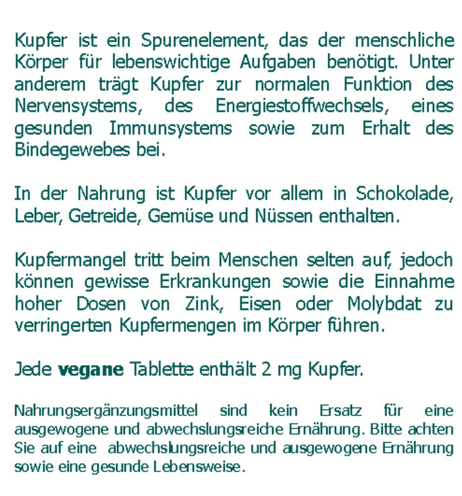 Kupfer 2 mg vegane Tabletten 180 Stk. - Für das Nervensystem - 6 Monatsvorrat