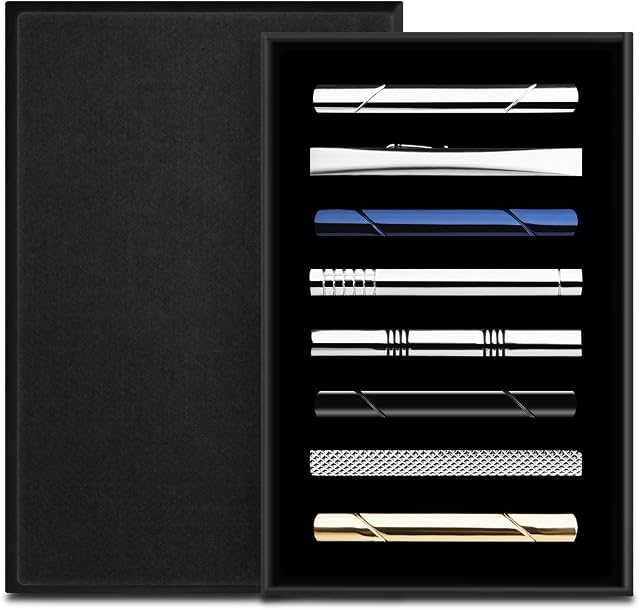 HBselect Mens Tie Clip/Pin, Tie Clip Bar Set, Copper Metal Gold Tie Clip/Pin for Men with Gift Box (8 Pcs) (Design A)